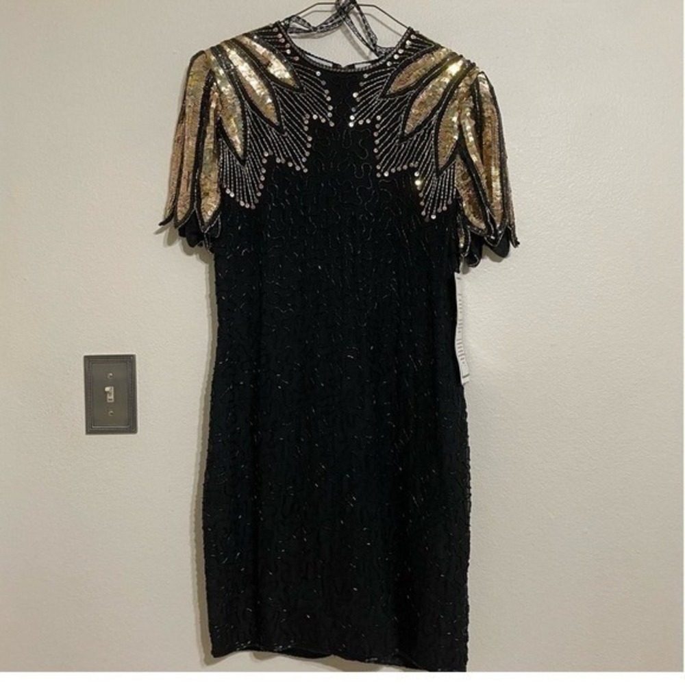 D'Albert Ltd Cocktail Dress Vtg‎ Beaded Sequin 12 Black Gold Art Deco Silk NWT